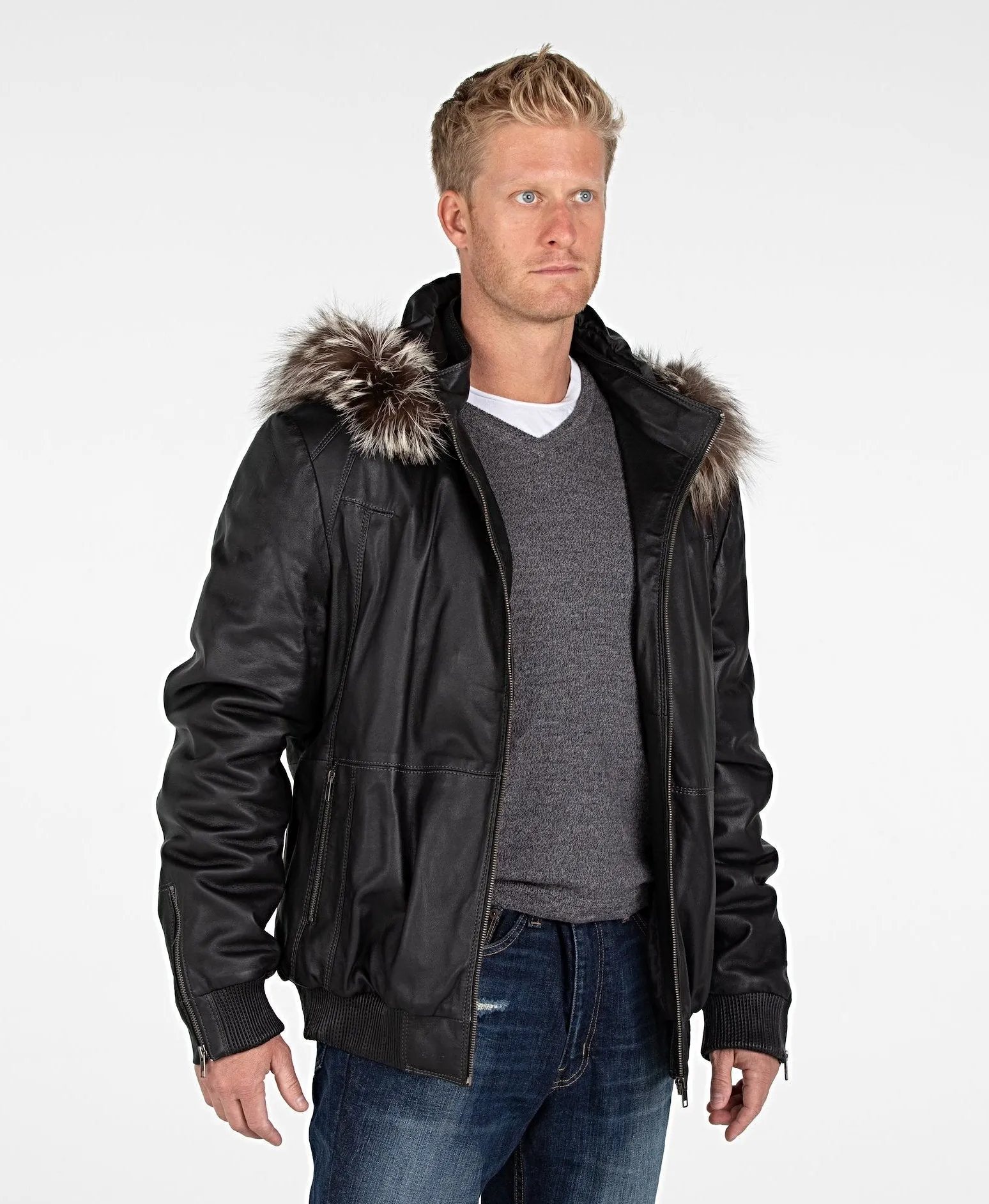 Mens Silver Fox Look Fur Hooded Leather Jacket