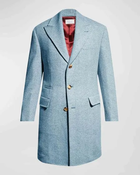 Mens Wool Carcoat - Light Blue Three Quarter Peak Lapel Topcoat