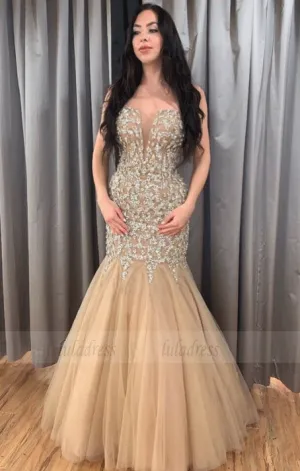 Mermaid Beading Tulle Long Prom Dresses, Evening Dresses