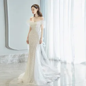 Mermaid Sequins Wedding Dress Off  Shoulder Long Evening Dress with Train 186