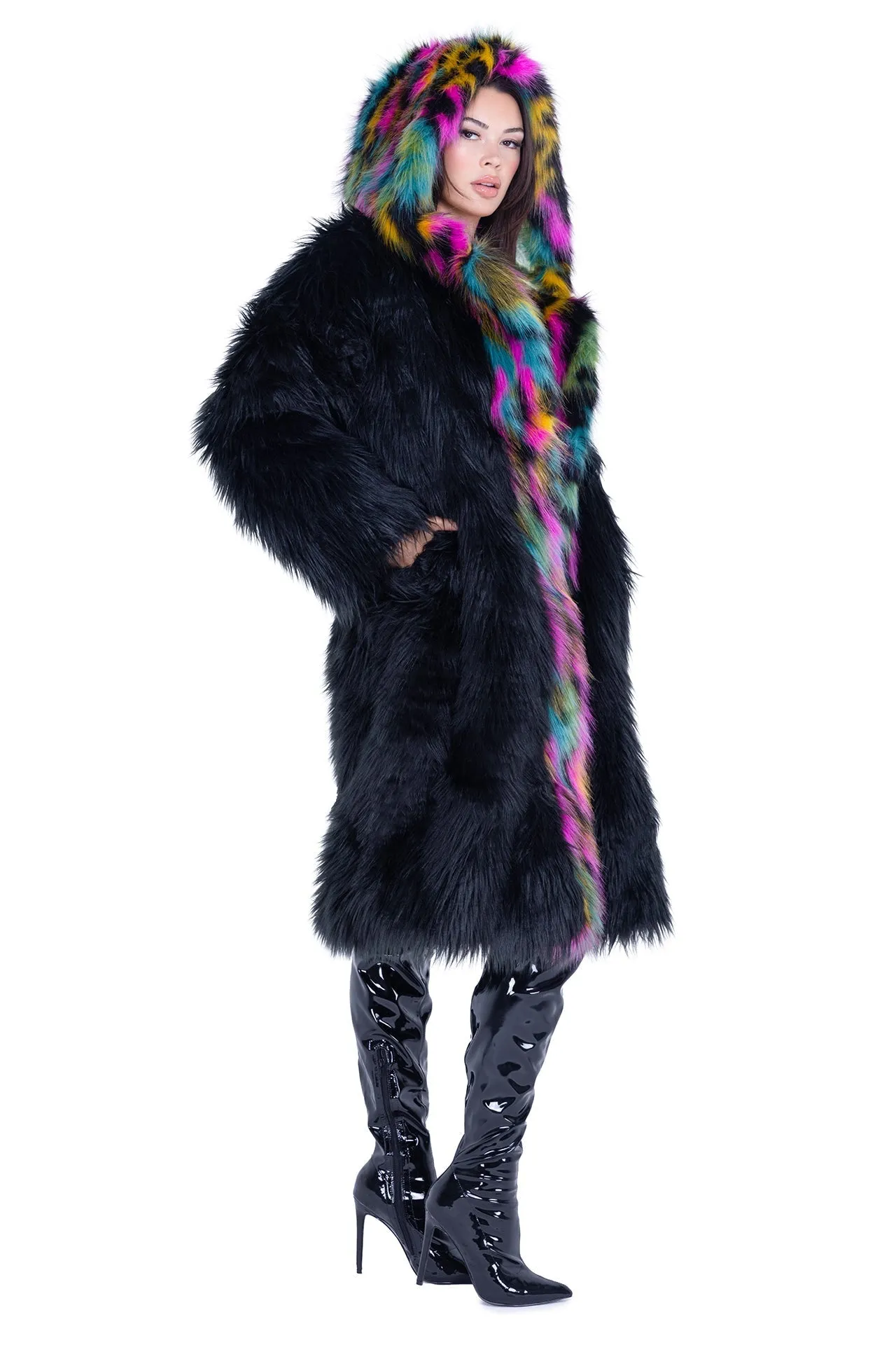 Mid-Length Hooded Fur Coat