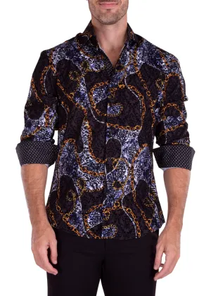 Mixed Print Velvet Texture Long Sleeve Dress Shirt Black