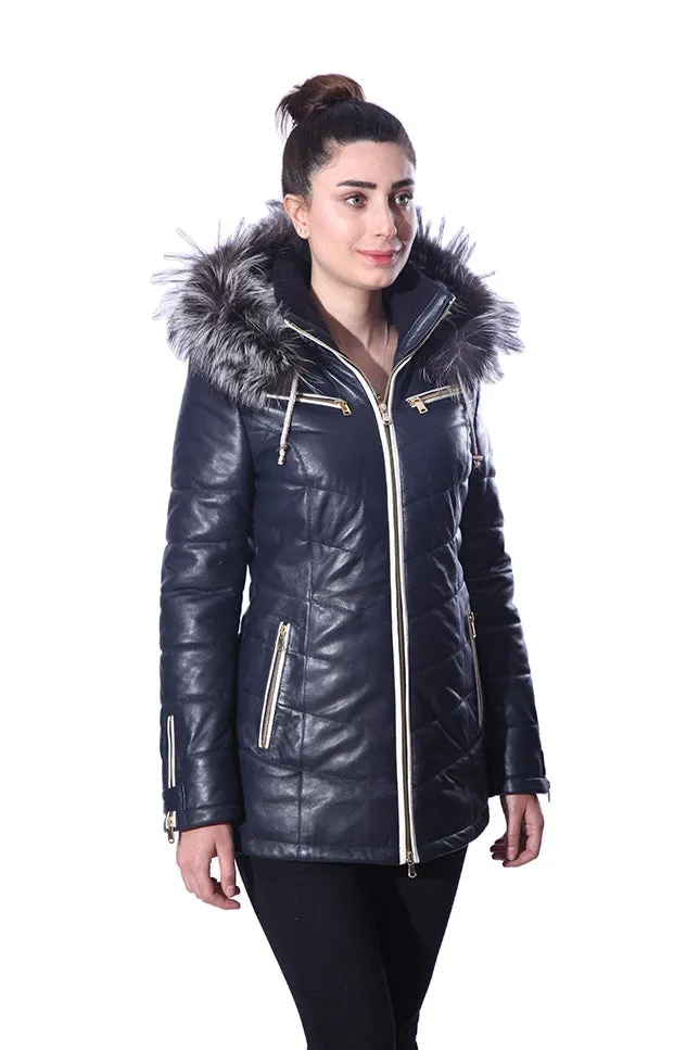 Monica Womens Real Silver Fox Fur Hooded Leather Jacket