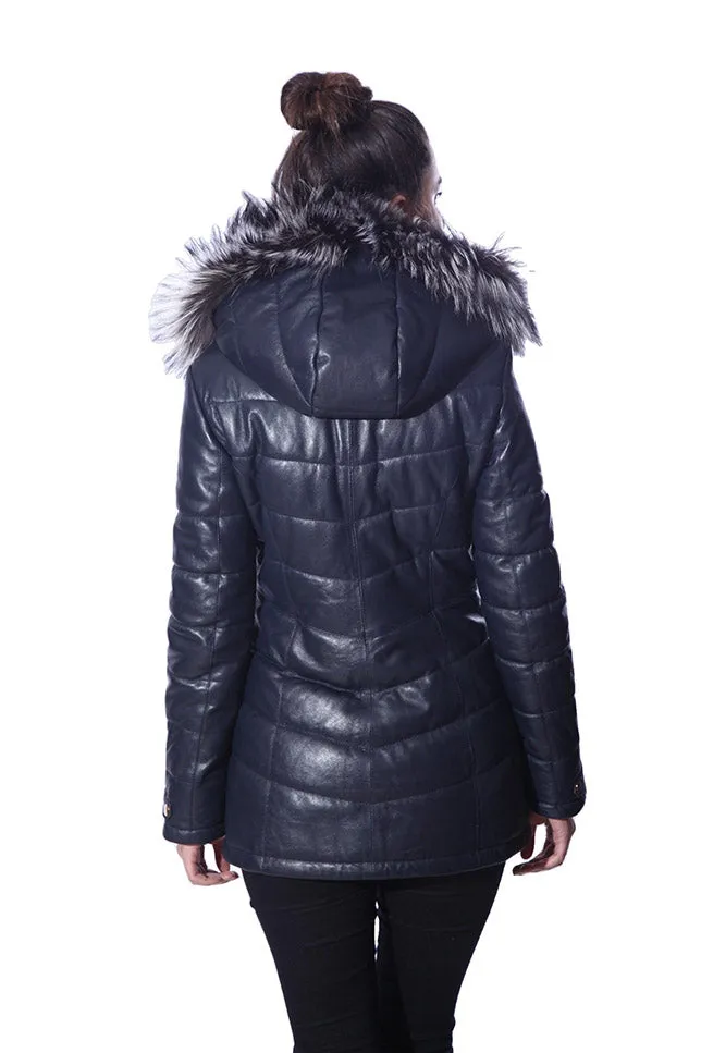 Monica Womens Real Silver Fox Fur Hooded Leather Jacket