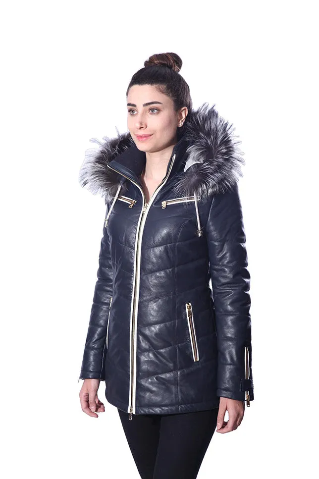 Monica Womens Real Silver Fox Fur Hooded Leather Jacket