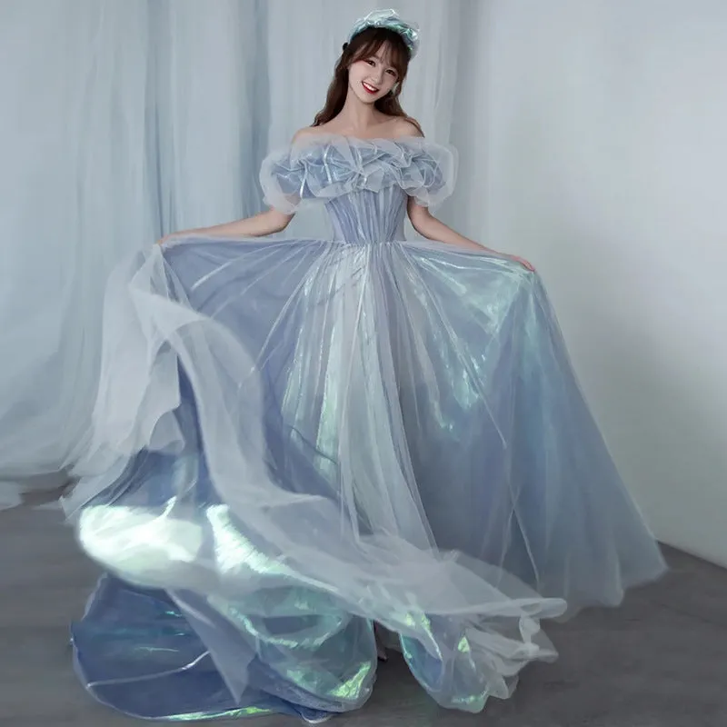 Off Shoulder A Line Tulle Prom Dress Baby Blue Evening Formal Gown 582