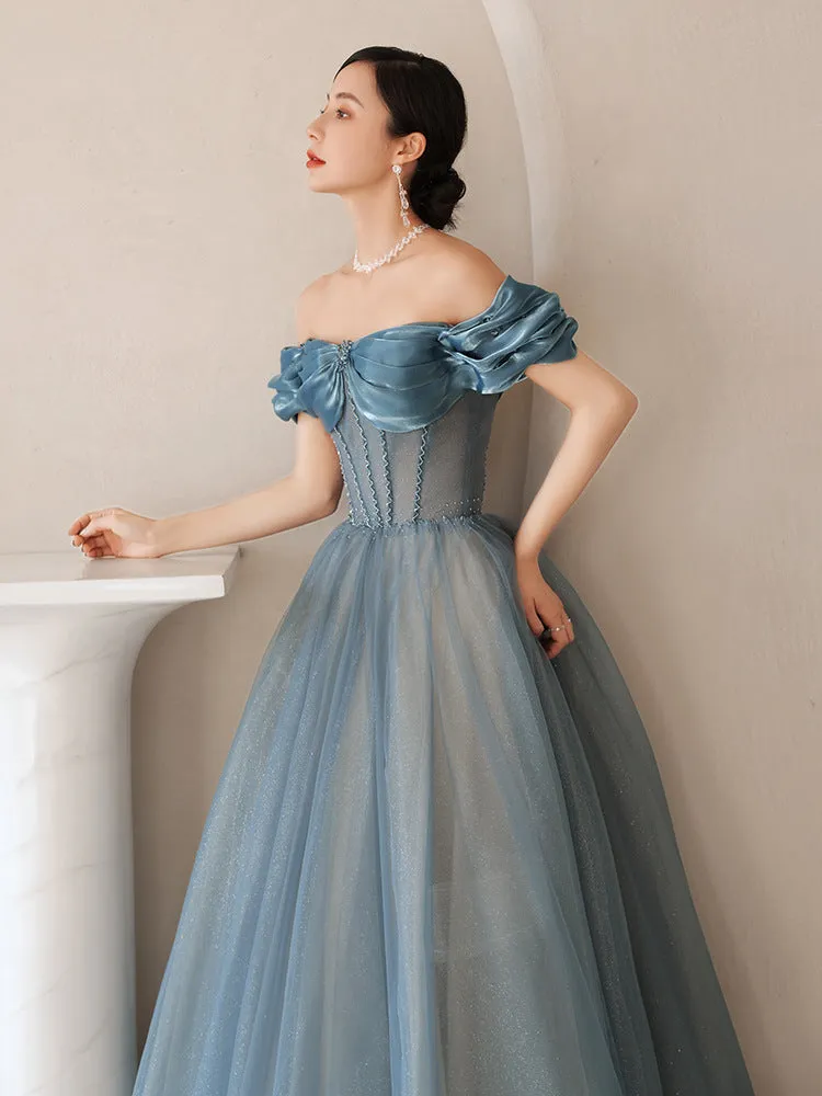 Off Shoulder Blue A Line Prom Dress Tulle Evening Formal Party Dress 663