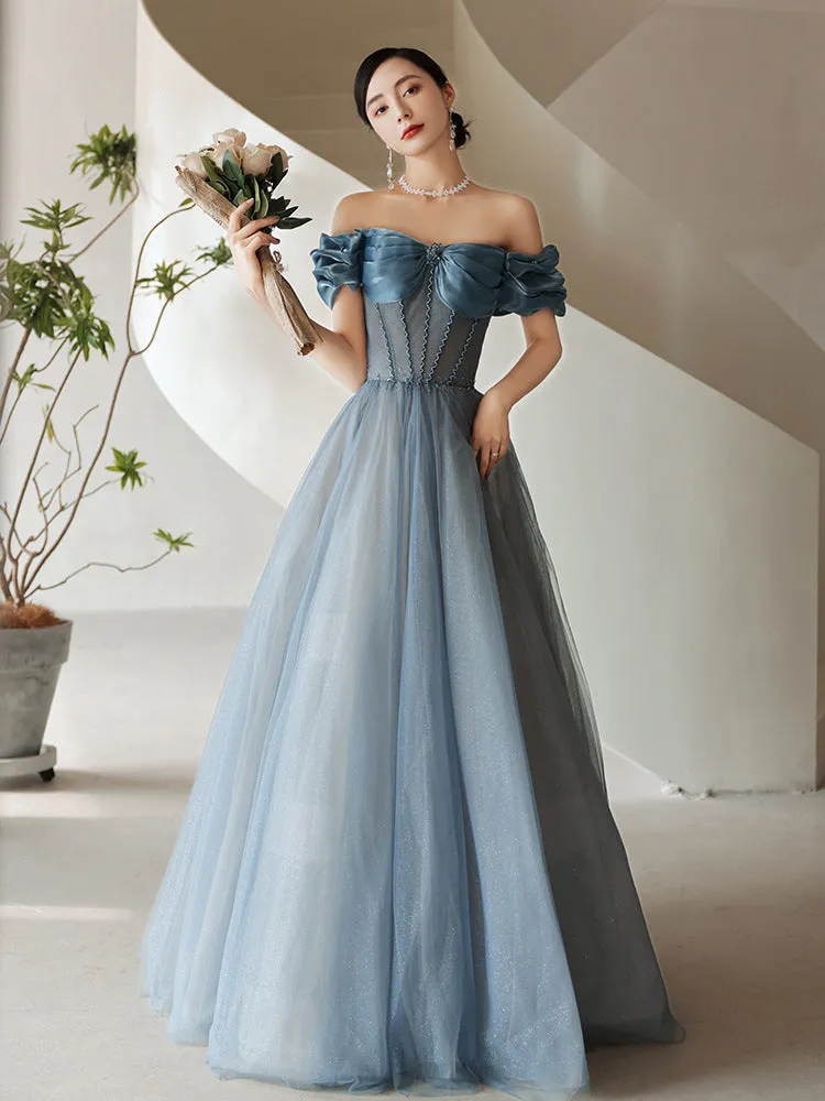 Off Shoulder Blue A Line Prom Dress Tulle Evening Formal Party Dress 663