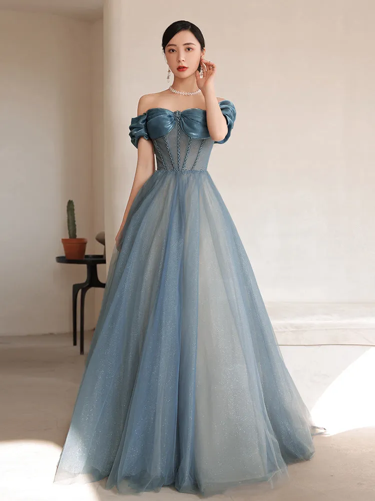 Off Shoulder Blue A Line Prom Dress Tulle Evening Formal Party Dress 663