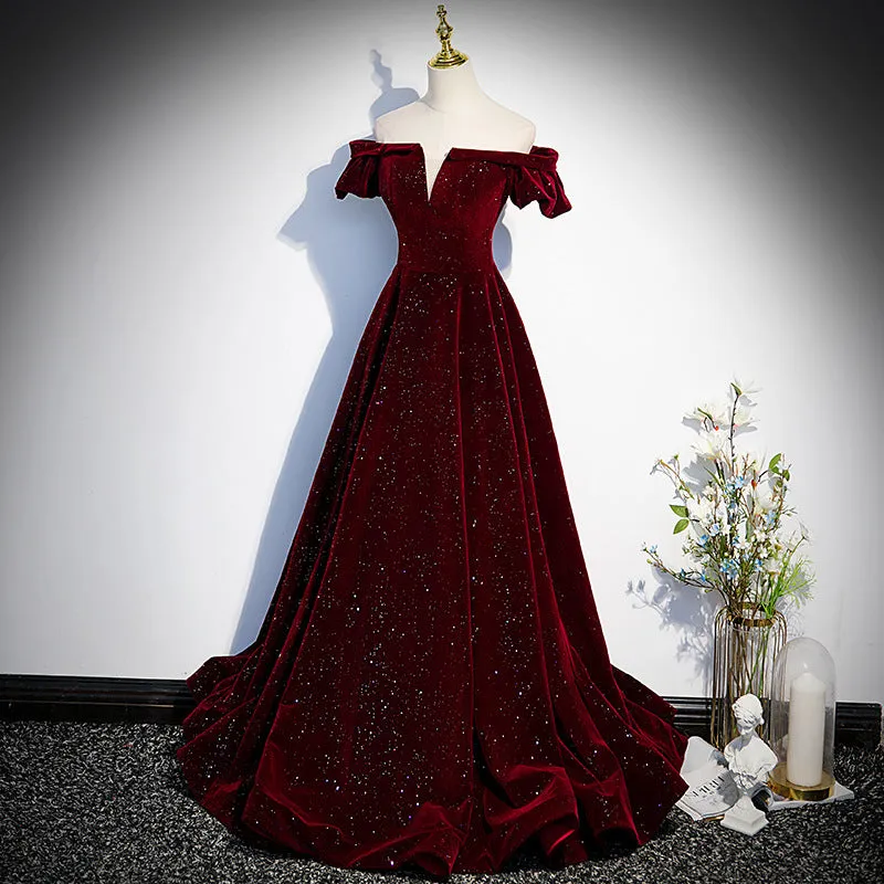 Off Shoulder Burgundy Long Prom Dress A Line Velvet Shiny Evening Gown 627