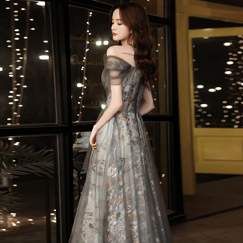 Off Shoulder Tulle Prom Dress A Line Gray Formal Evening Dress 679