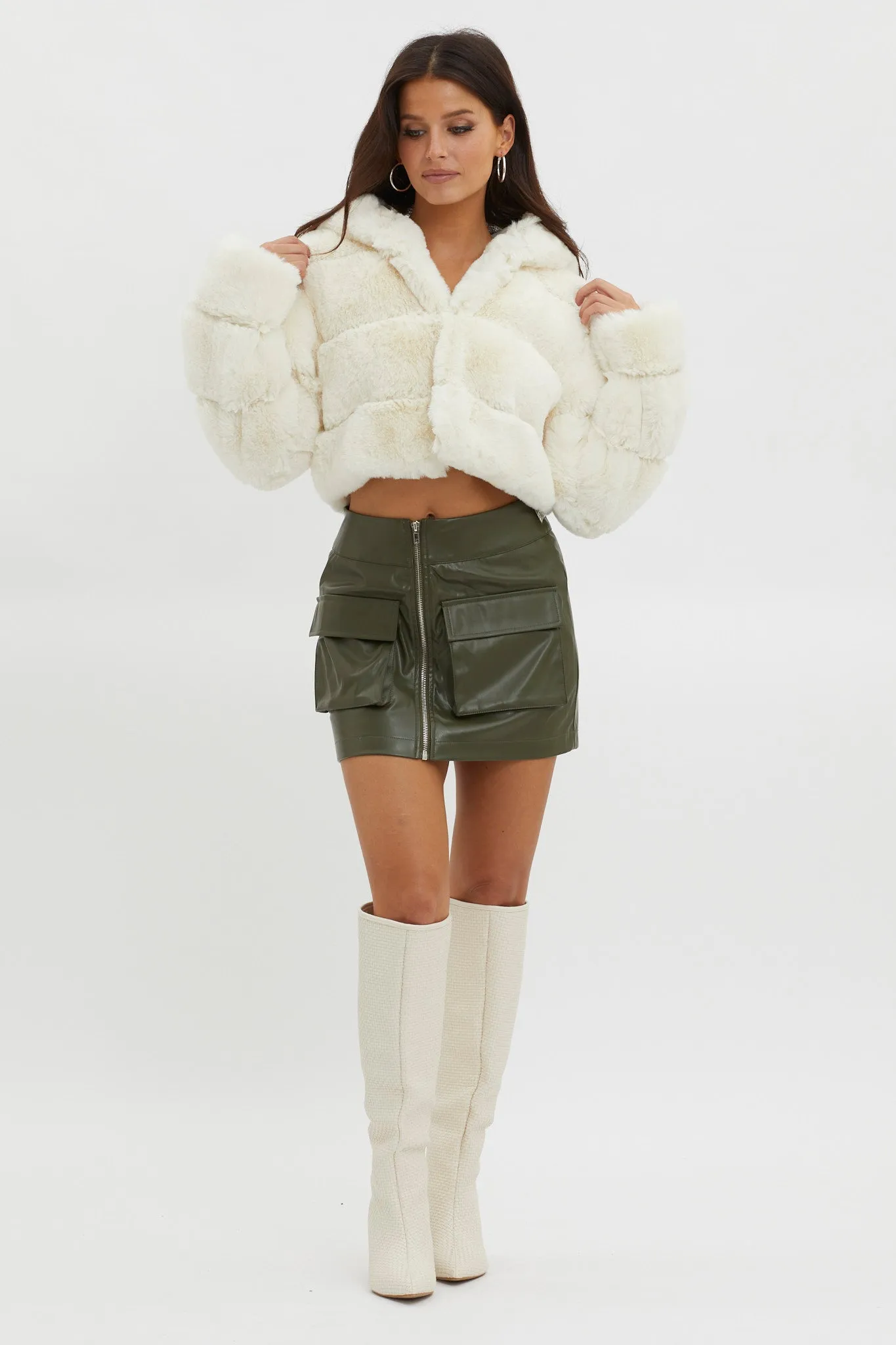 Polina Hooded Faux Fur Jacket Ivory