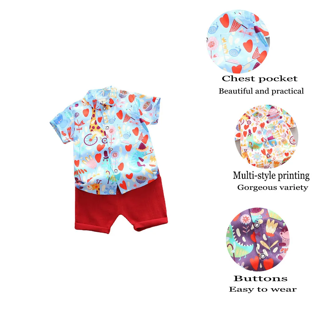 Printed Giraffe Cartoon Shirt Short Sleeve Shorts Boys 2-Piece Set