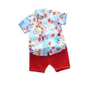 Printed Giraffe Cartoon Shirt Short Sleeve Shorts Boys 2-Piece Set