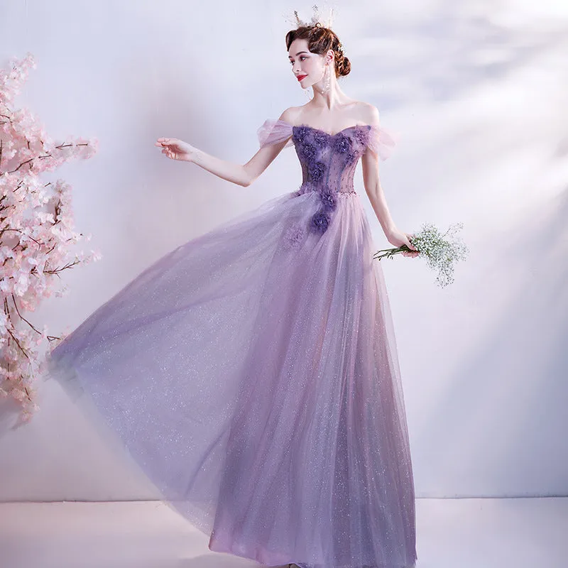 Purple Off  Shoulder Flower Long Prom Dress Tulle Evening Formal Party Dress 151