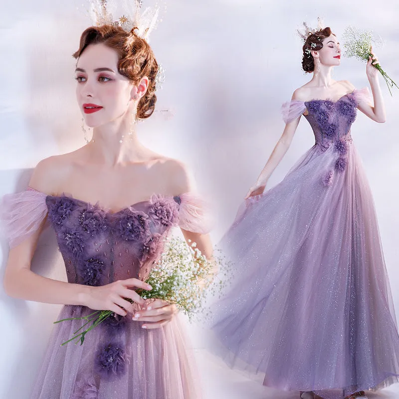 Purple Off  Shoulder Flower Long Prom Dress Tulle Evening Formal Party Dress 151