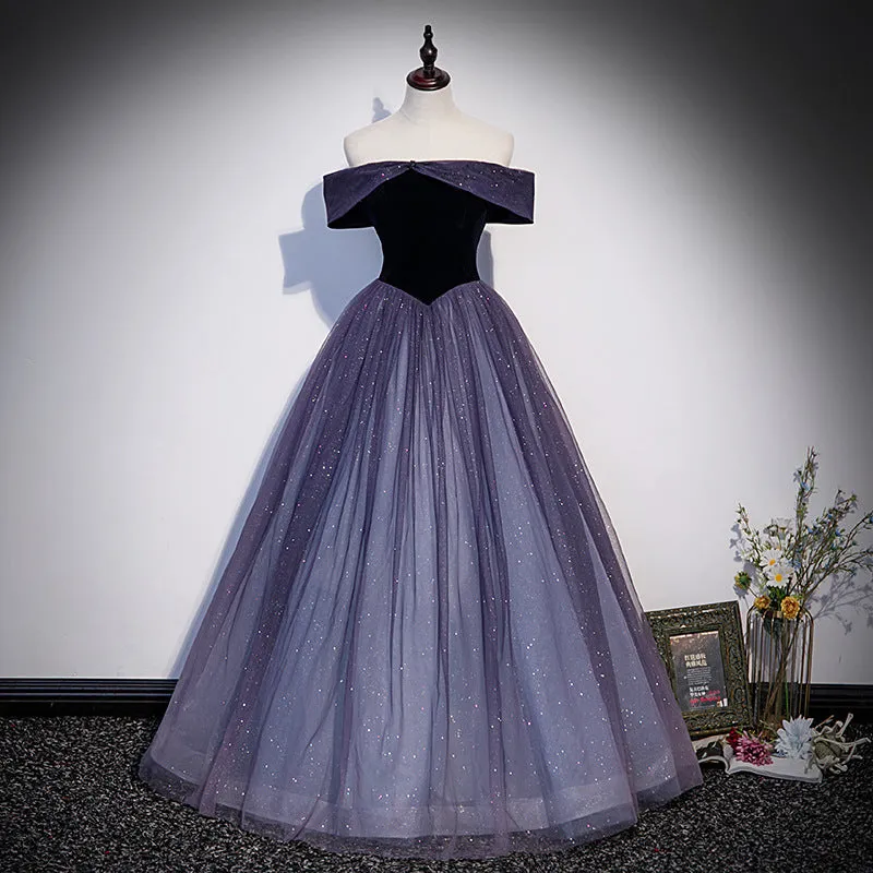 Purple Off Shoulder Prom Dress Formal Evening Gown Shiny Birthday Dress 635