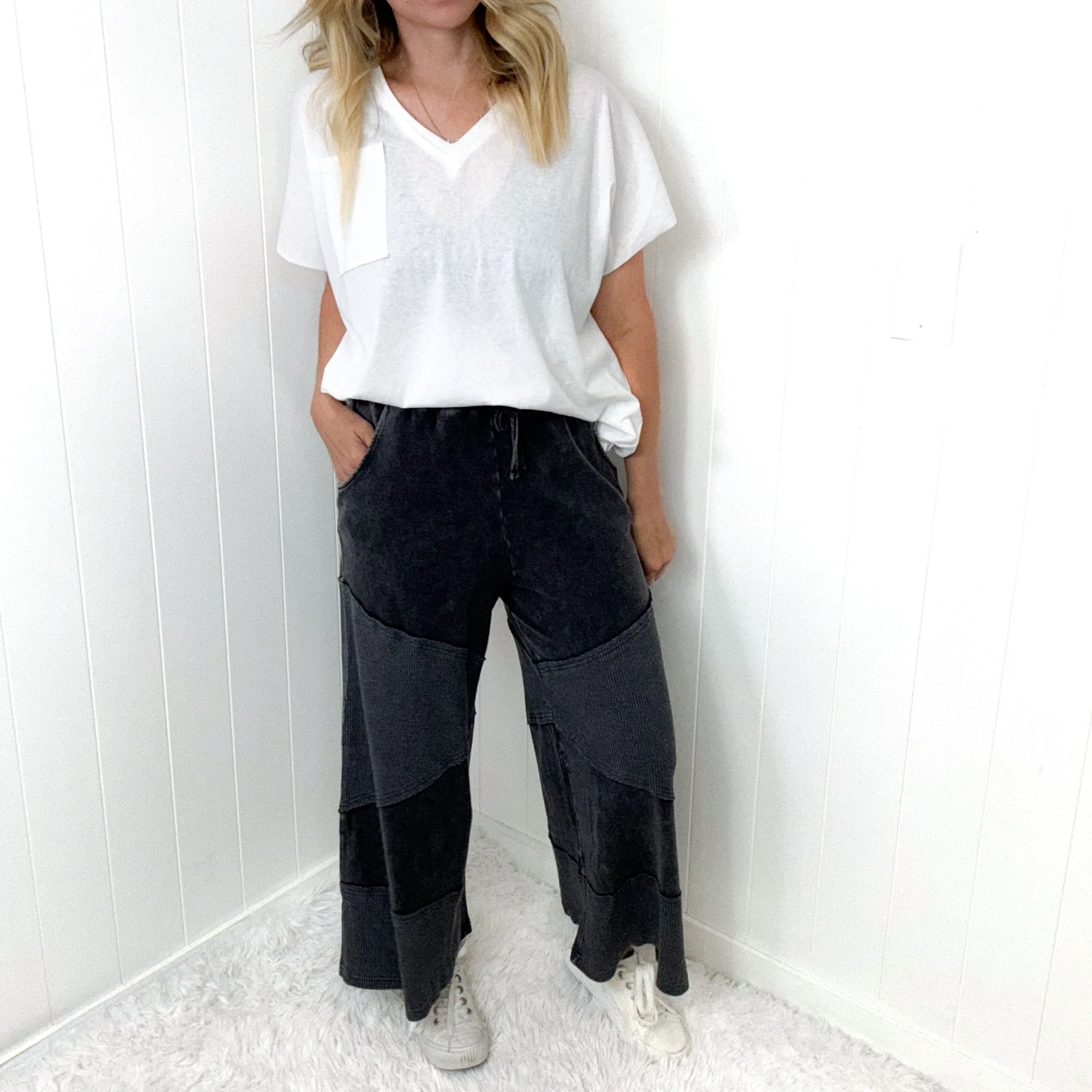 Relaxed Ridge Cropped Washed Thermal Mix Terry Knit Pants In 2 Options