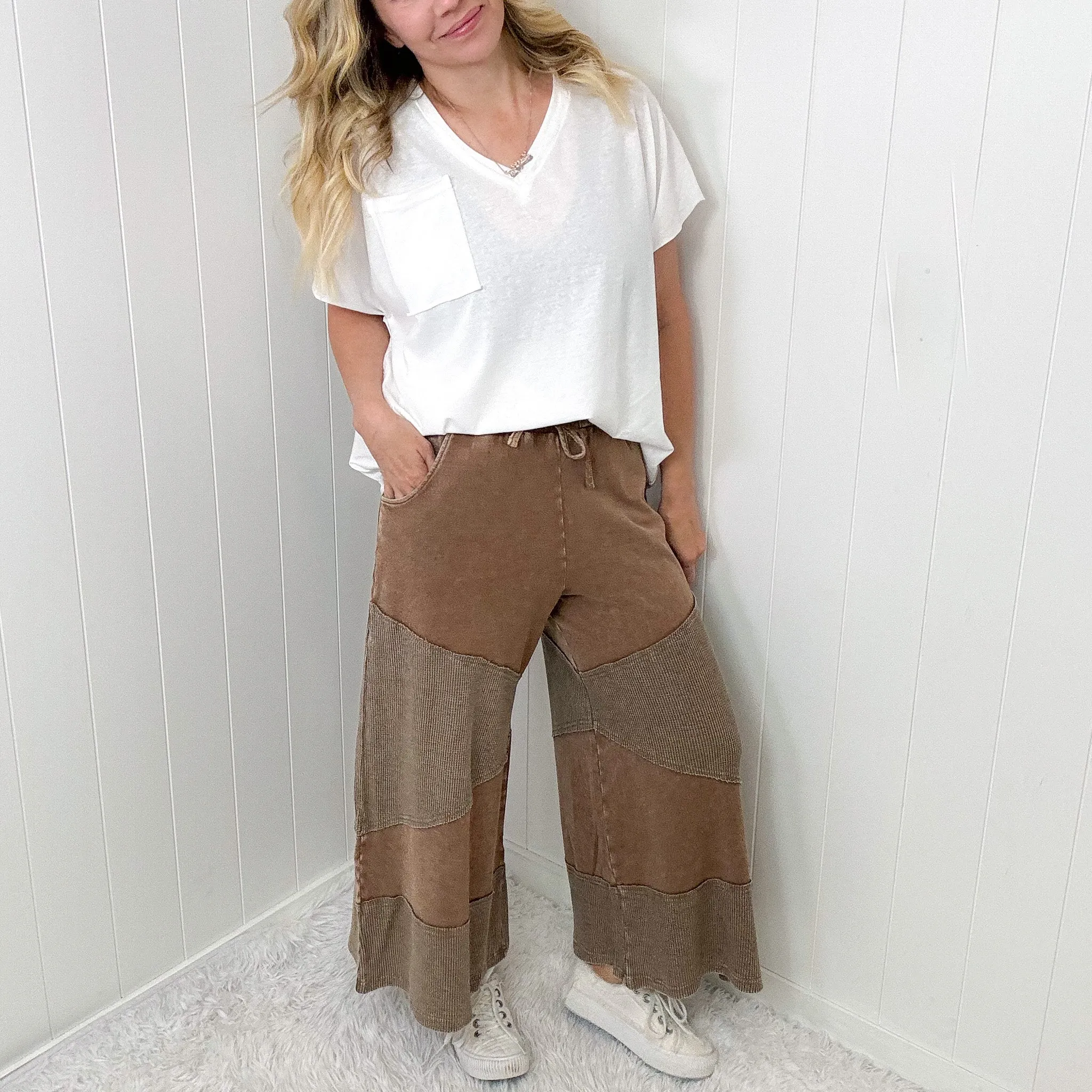 Relaxed Ridge Cropped Washed Thermal Mix Terry Knit Pants In 2 Options