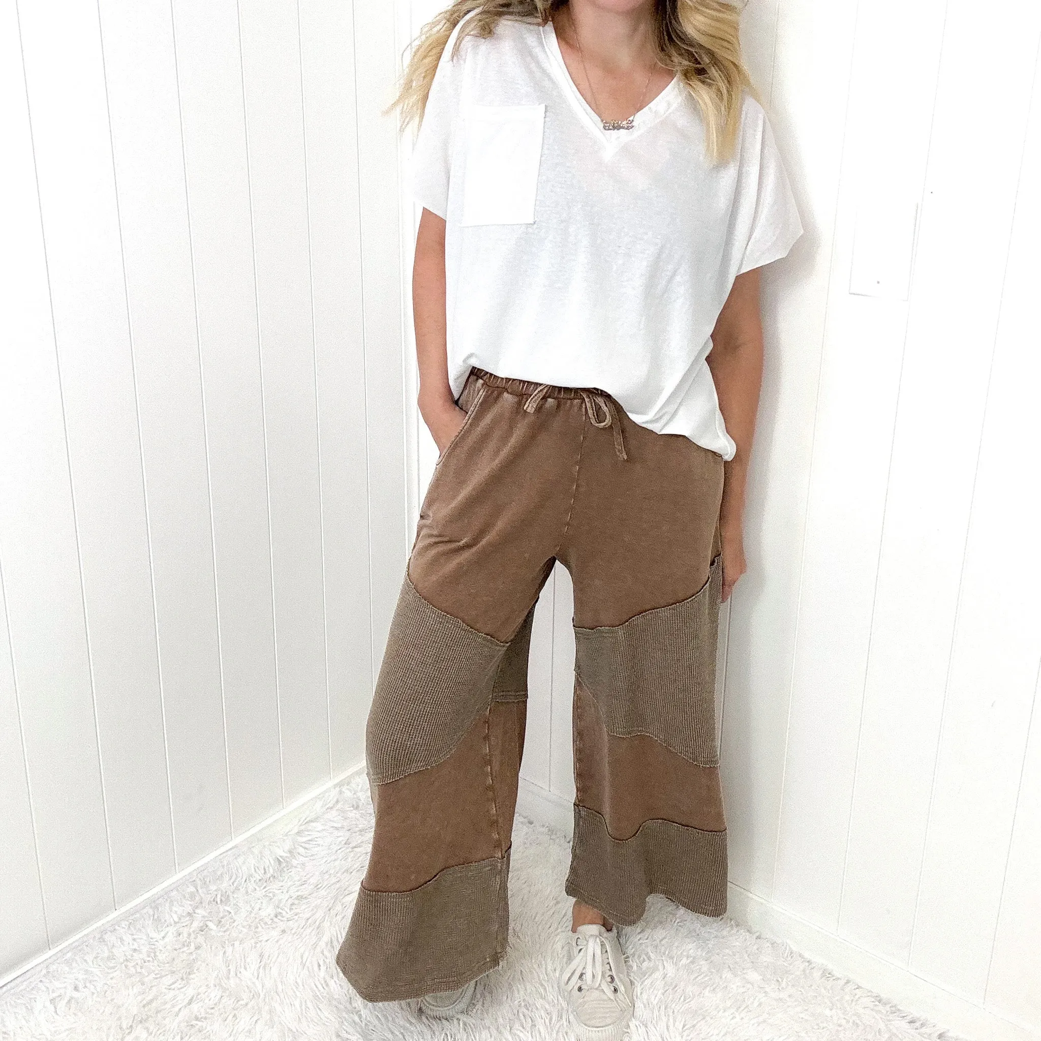 Relaxed Ridge Cropped Washed Thermal Mix Terry Knit Pants In 2 Options