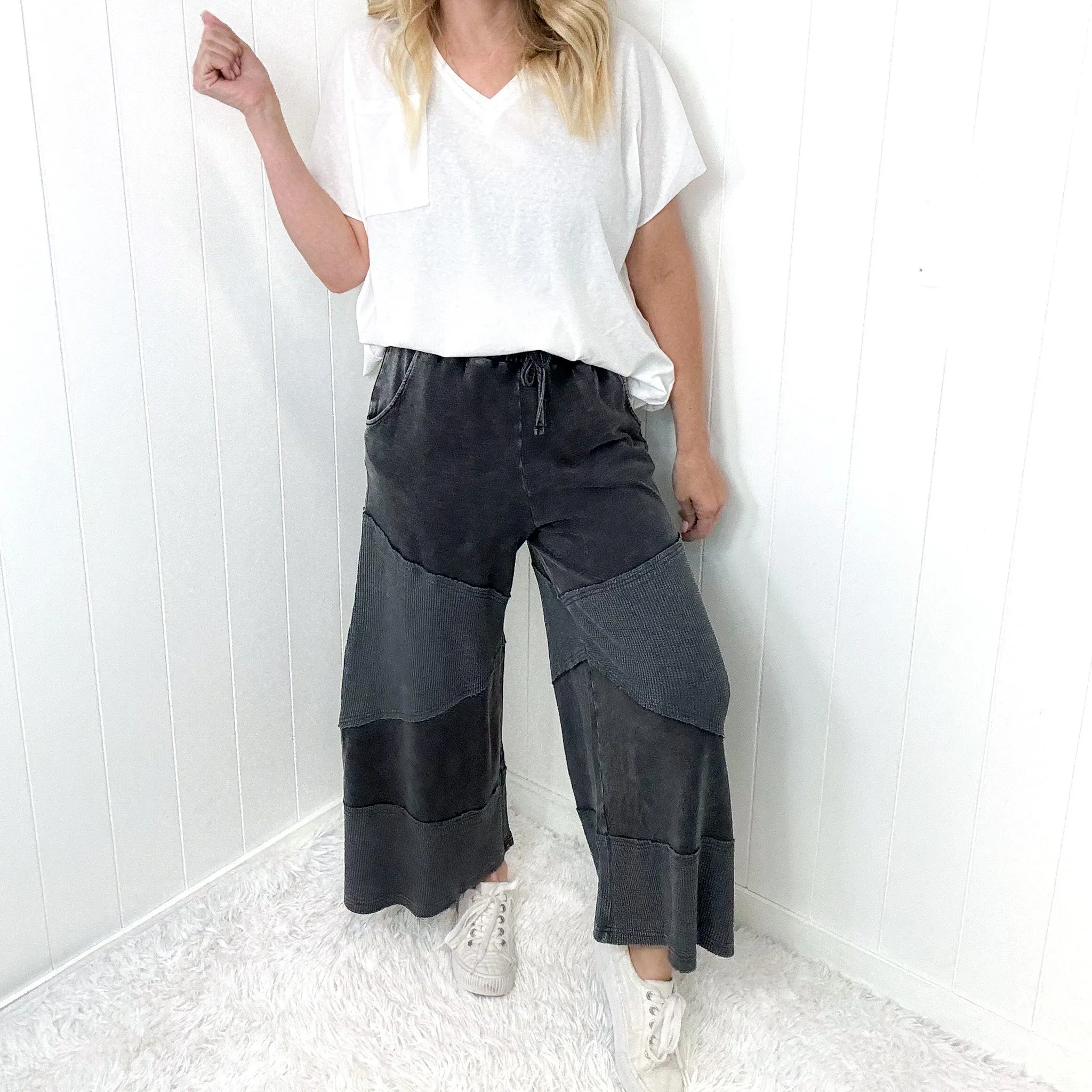 Relaxed Ridge Cropped Washed Thermal Mix Terry Knit Pants In 2 Options