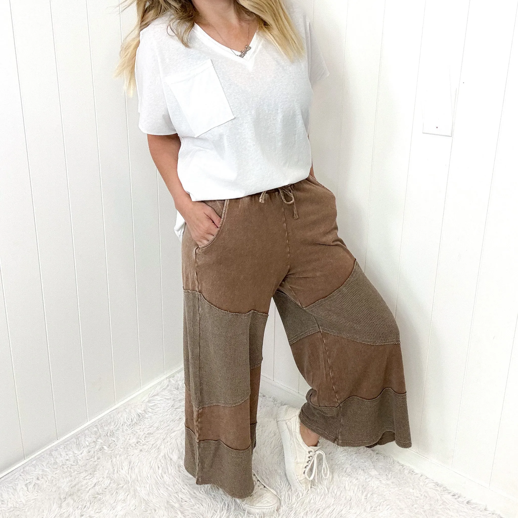 Relaxed Ridge Cropped Washed Thermal Mix Terry Knit Pants In 2 Options