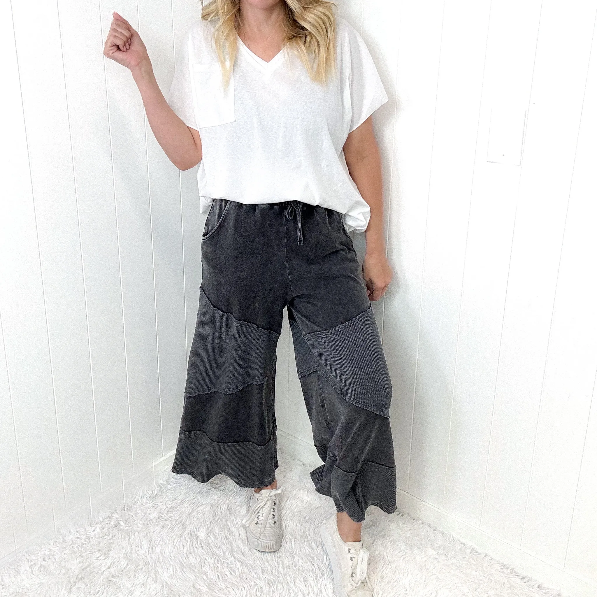 Relaxed Ridge Cropped Washed Thermal Mix Terry Knit Pants In 2 Options