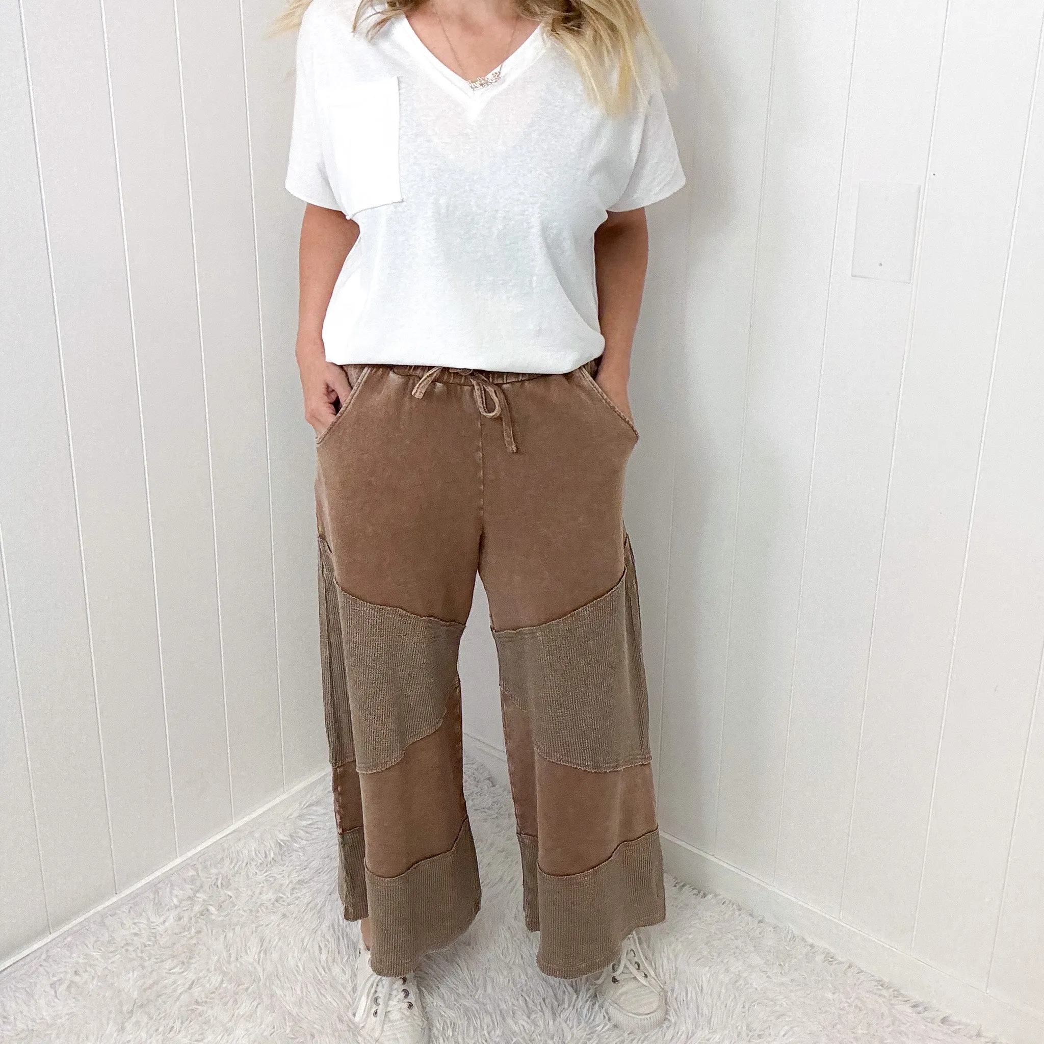 Relaxed Ridge Cropped Washed Thermal Mix Terry Knit Pants In 2 Options