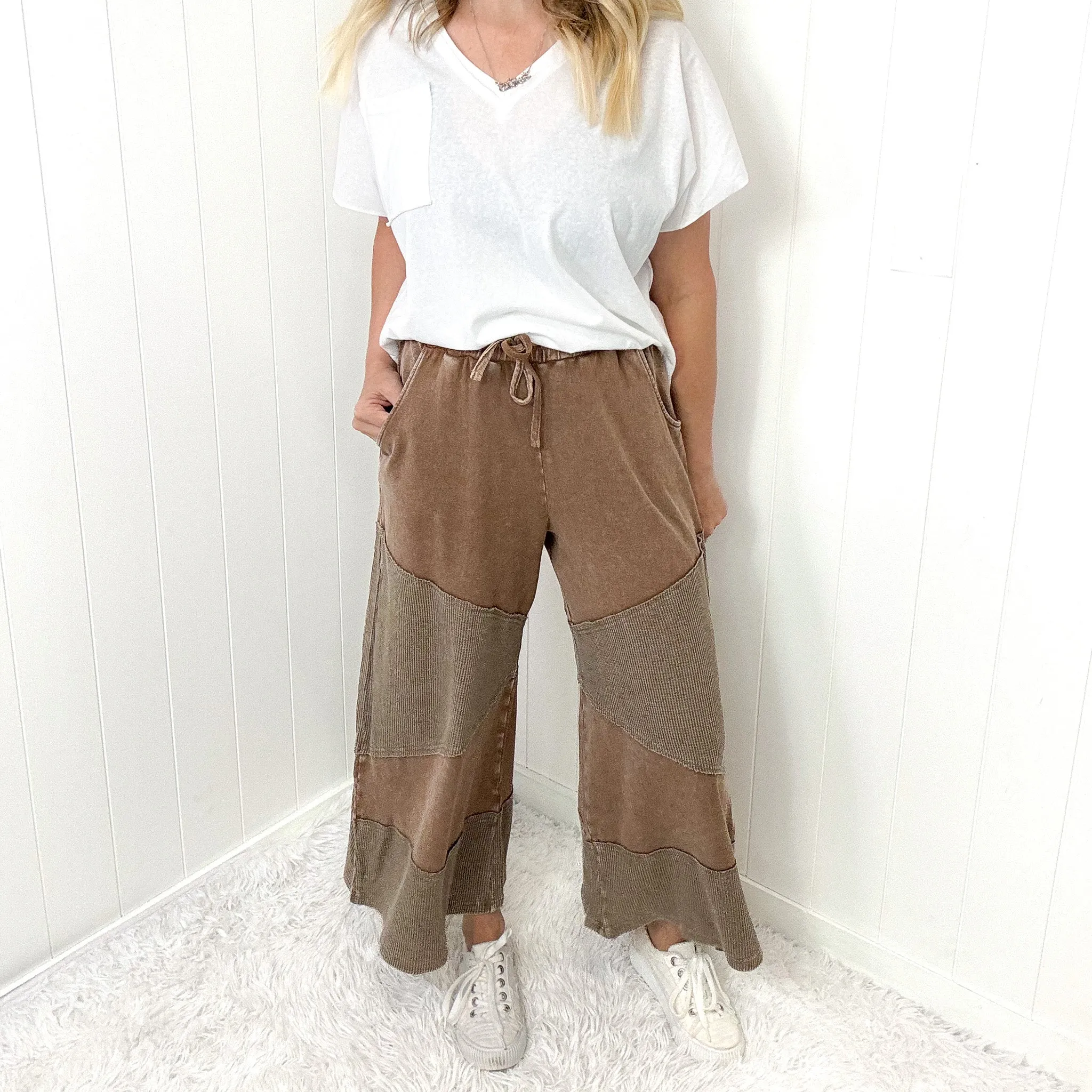 Relaxed Ridge Cropped Washed Thermal Mix Terry Knit Pants In 2 Options