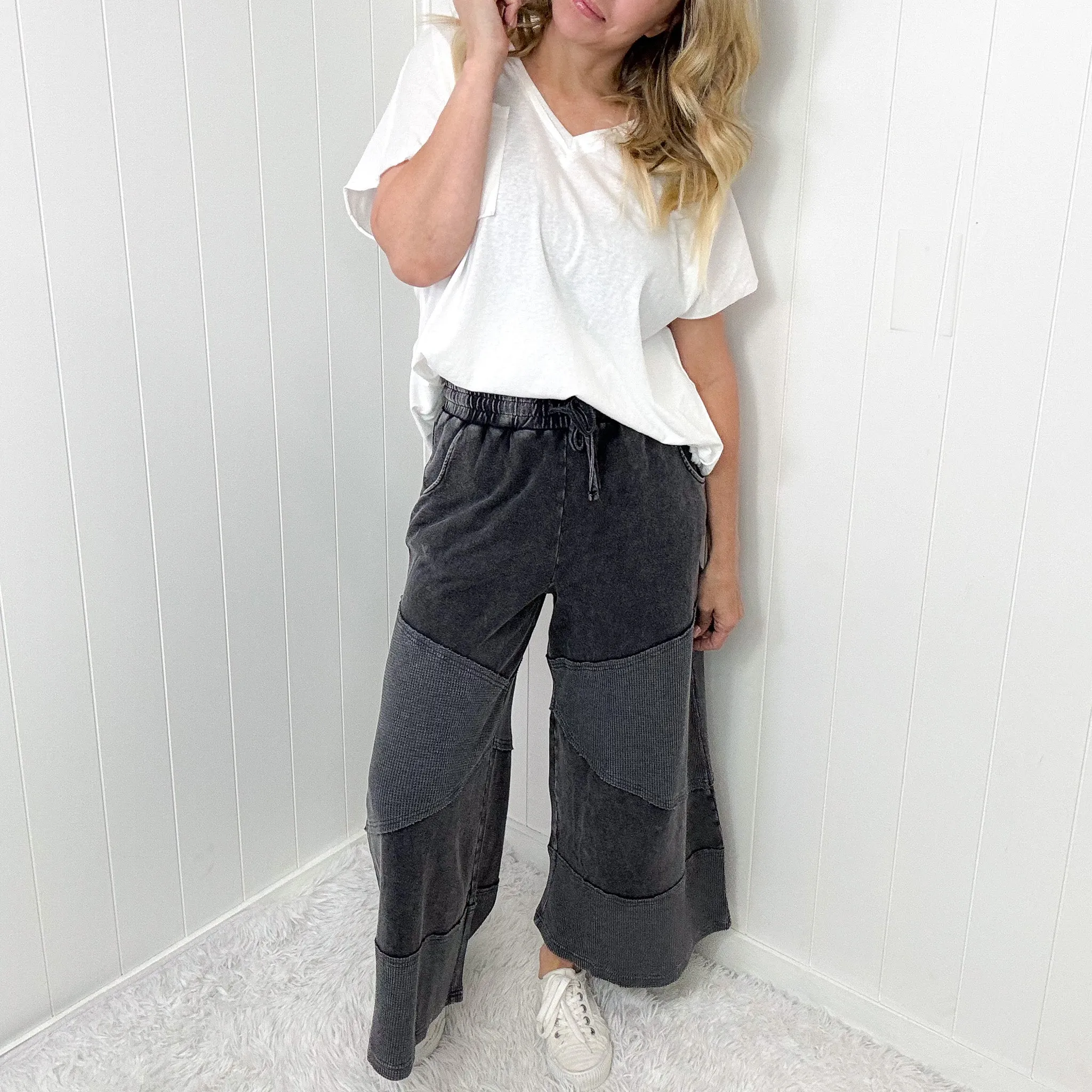 Relaxed Ridge Cropped Washed Thermal Mix Terry Knit Pants In 2 Options