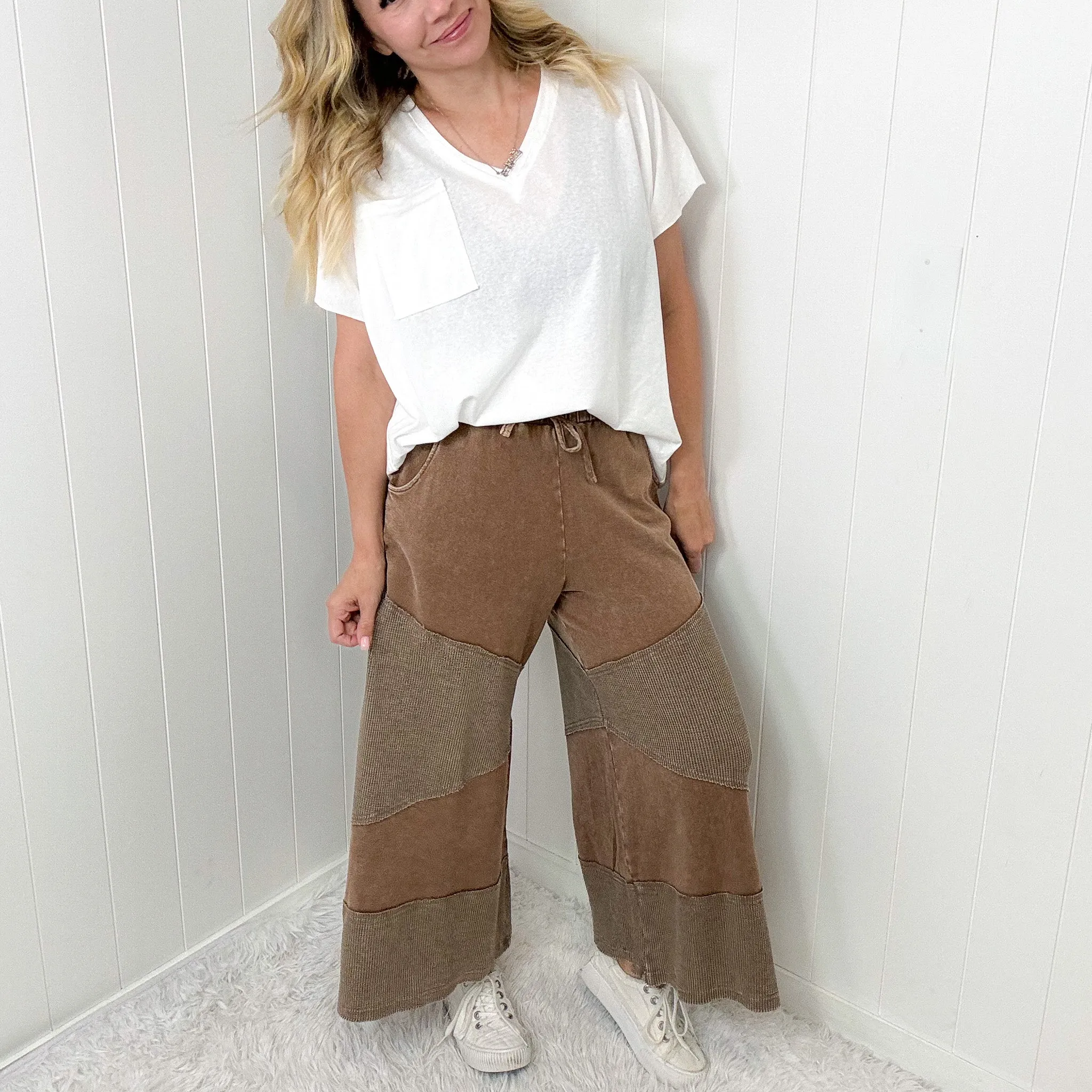 Relaxed Ridge Cropped Washed Thermal Mix Terry Knit Pants In 2 Options