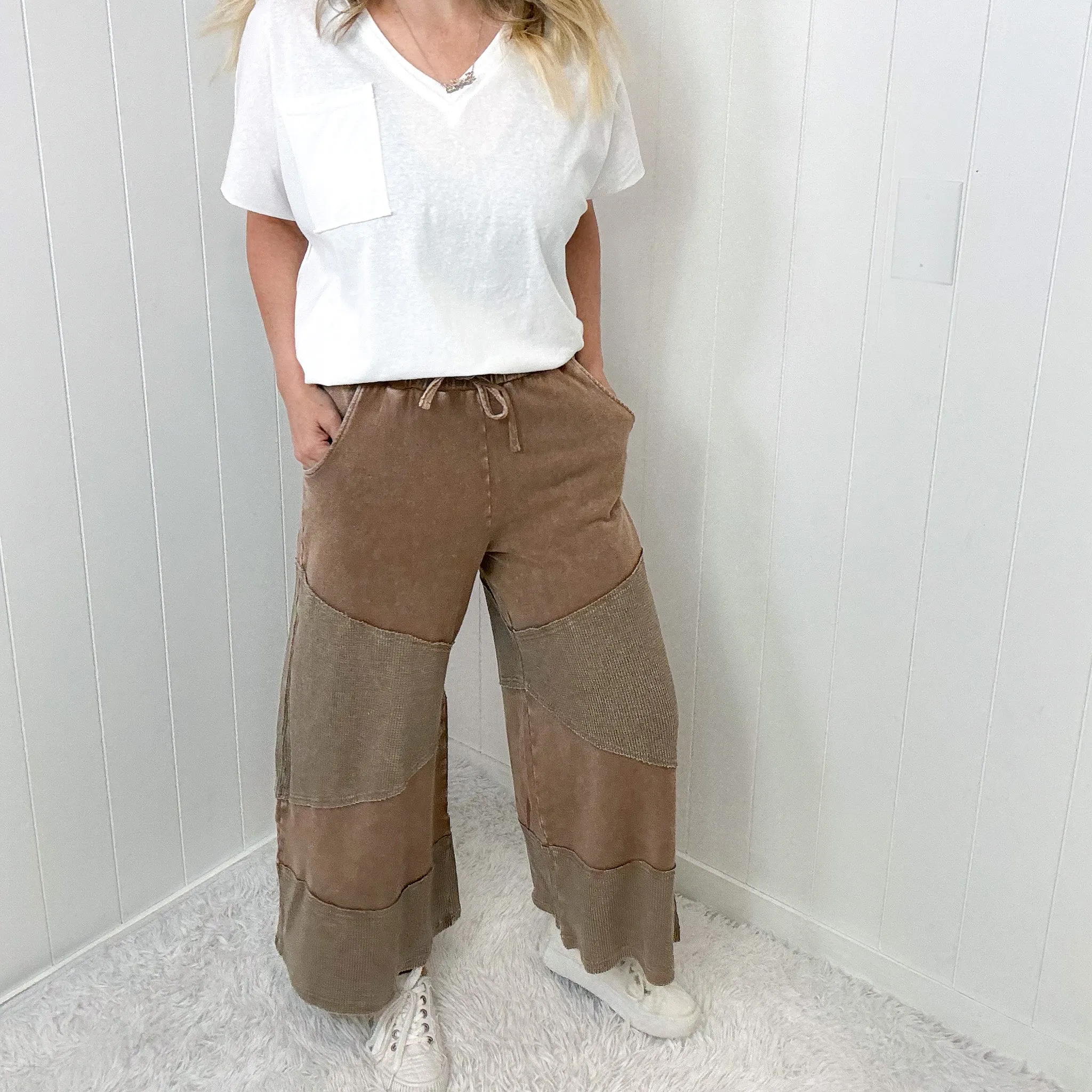 Relaxed Ridge Cropped Washed Thermal Mix Terry Knit Pants In 2 Options