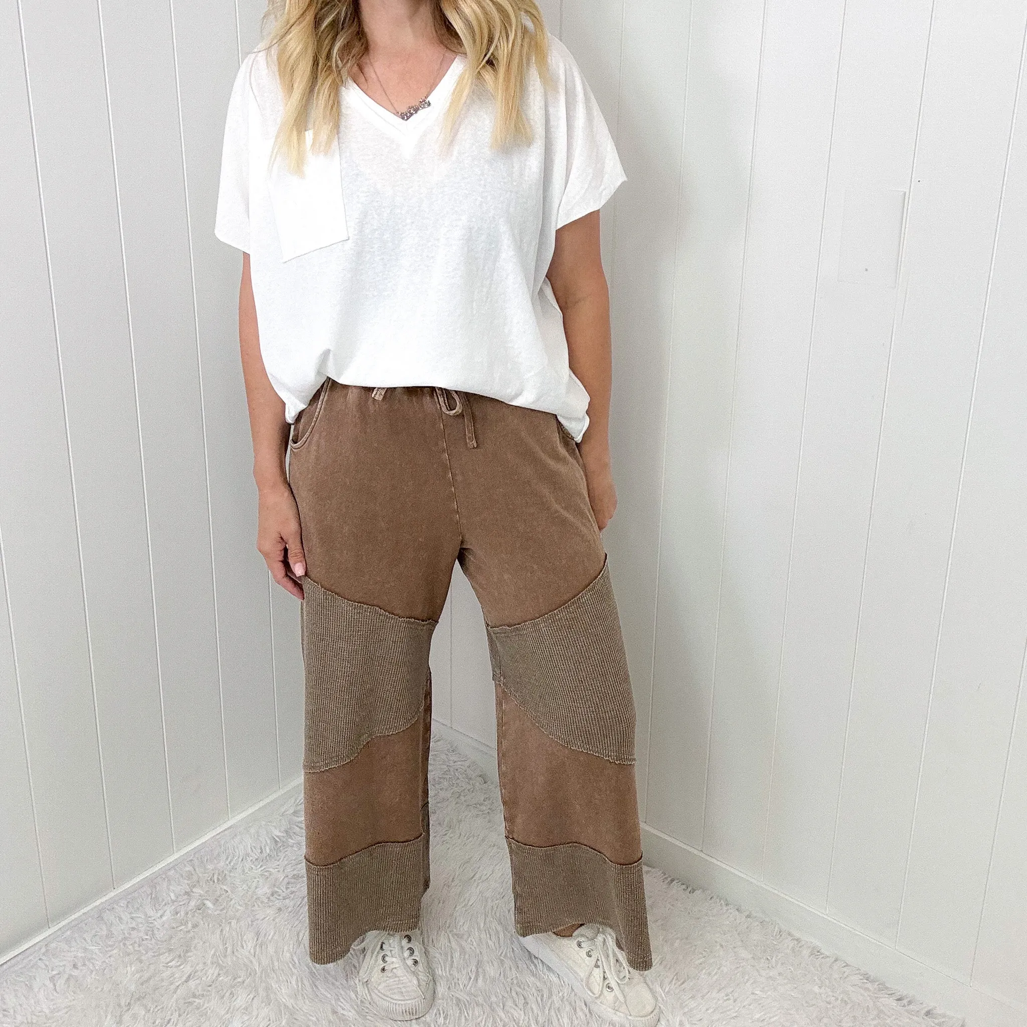 Relaxed Ridge Cropped Washed Thermal Mix Terry Knit Pants In 2 Options