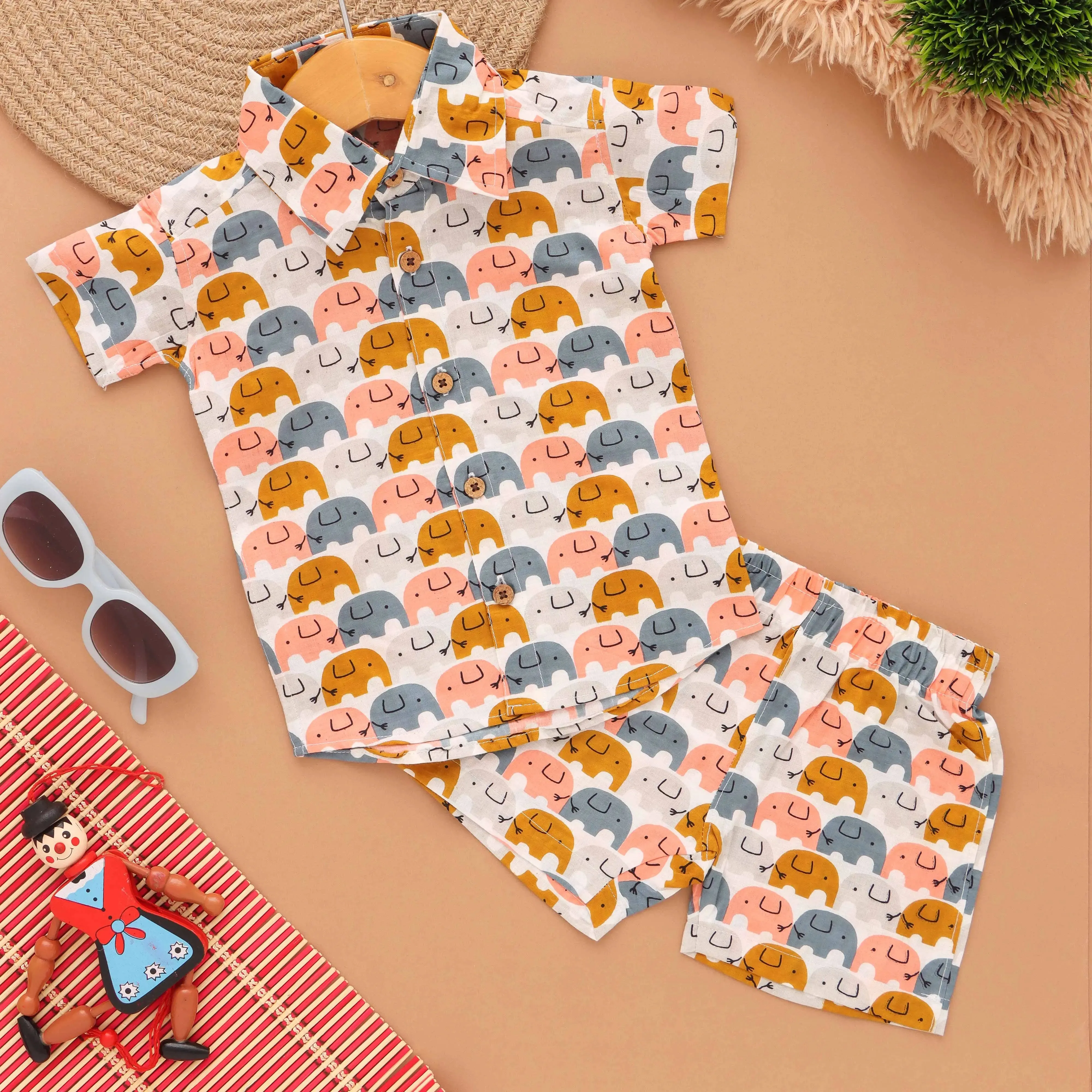 Safari Chic: Boys' Elephant Print Shirt with Matching Shorts