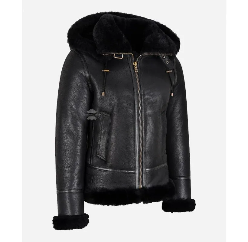 SNOW QUEEN Women's Black Hooded Shearling Jacket Aviator Flying Jacket