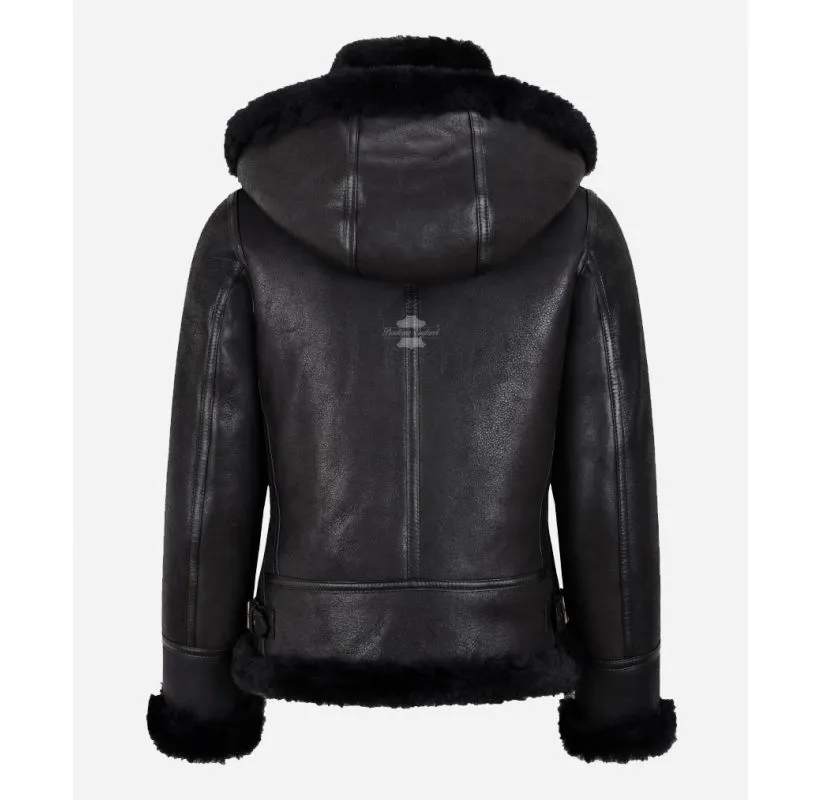 SNOW QUEEN Women's Black Hooded Shearling Jacket Aviator Flying Jacket