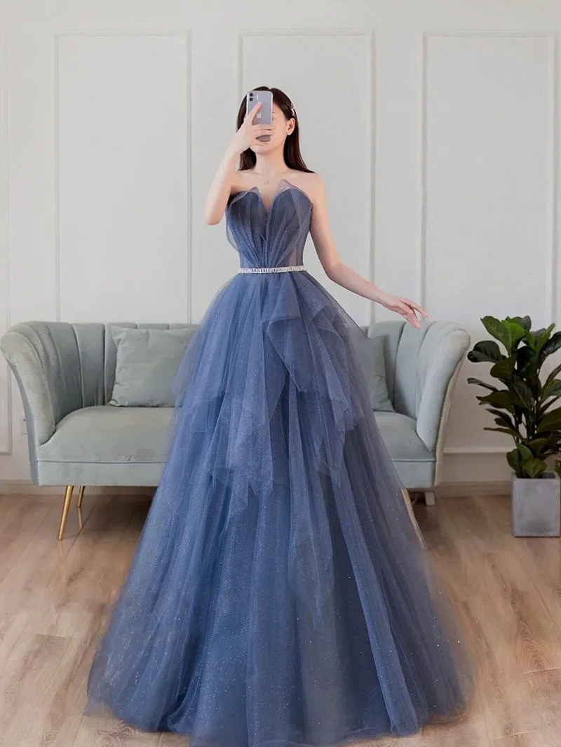 Strapless Formal Evening Gown Blue A Line Tulle Shiny Prom Dress 214