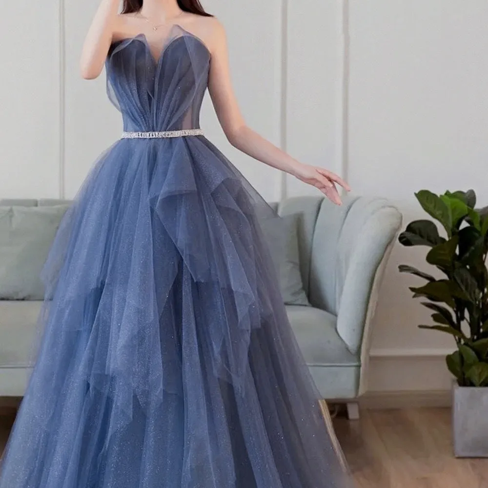 Strapless Formal Evening Gown Blue A Line Tulle Shiny Prom Dress 214