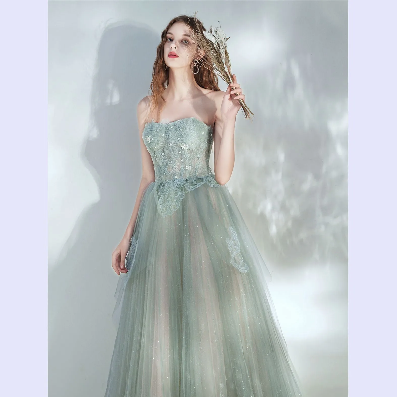 Strapless Green Long Prom Dress Cute Sparkly Party Dress Evening Gown 172