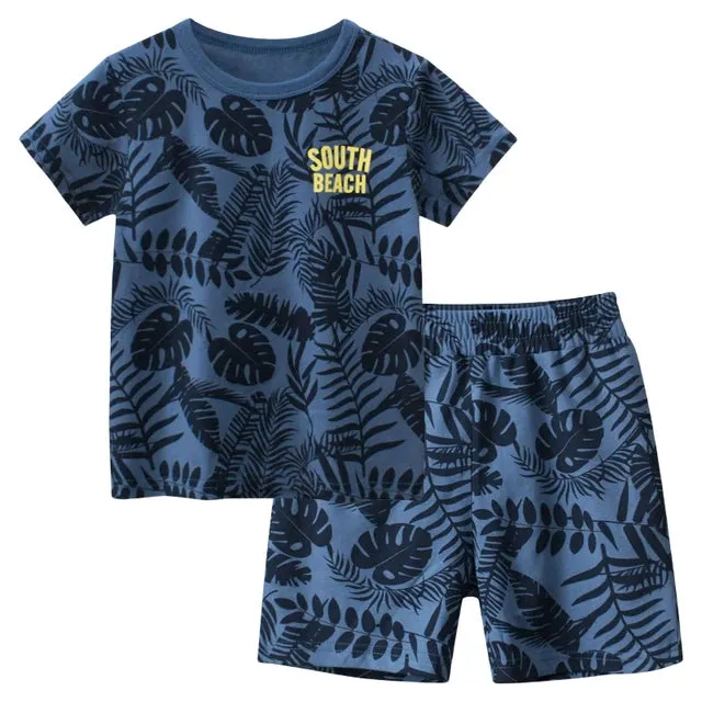 Summer New Beach Set for Boys Coconut Tree Print Short Sleeve T-Shirt Shorts Children's Clothing Leaf Pattern Kids Outfit