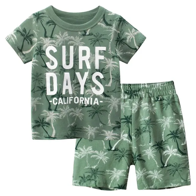 Summer New Beach Set for Boys Coconut Tree Print Short Sleeve T-Shirt Shorts Children's Clothing Leaf Pattern Kids Outfit