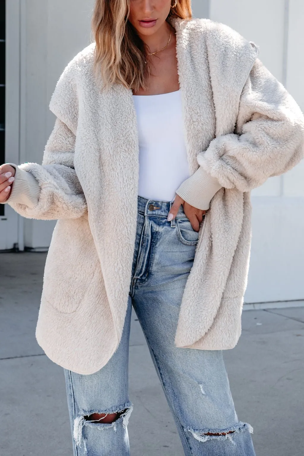 Teddy Fleece Hooded Cardigan - Cream