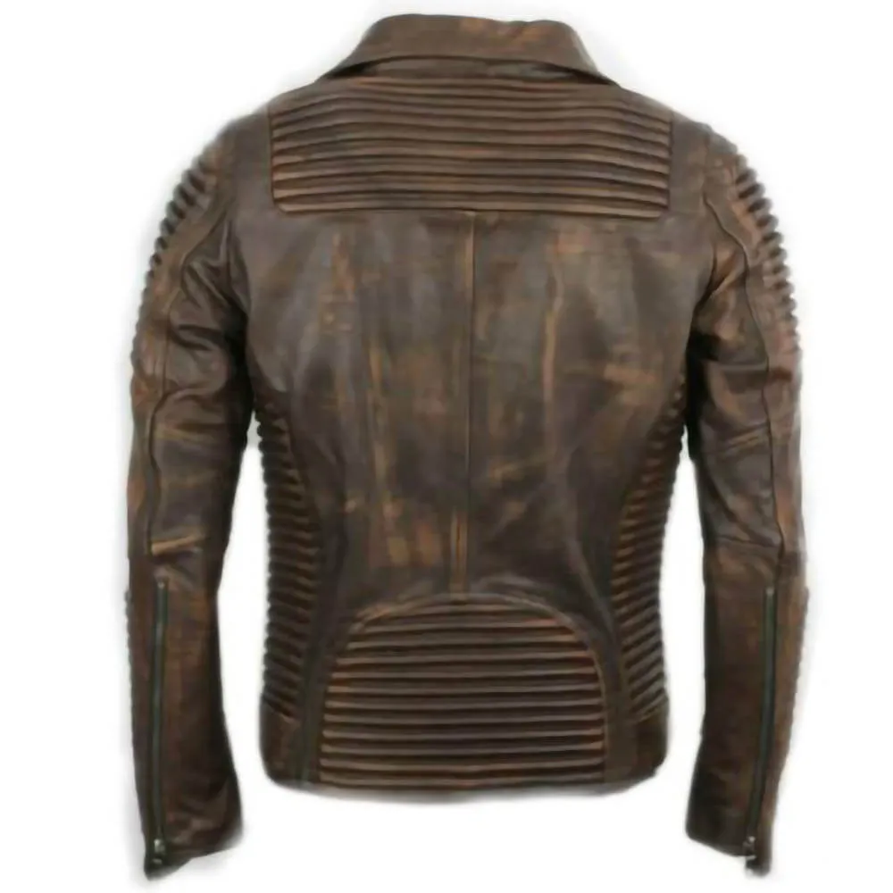 Vintage Biker Rib Style DIstressed Brown Mens Motorcycle Slim Fit Jacket