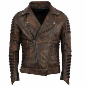 Vintage Biker Rib Style DIstressed Brown Mens Motorcycle Slim Fit Jacket