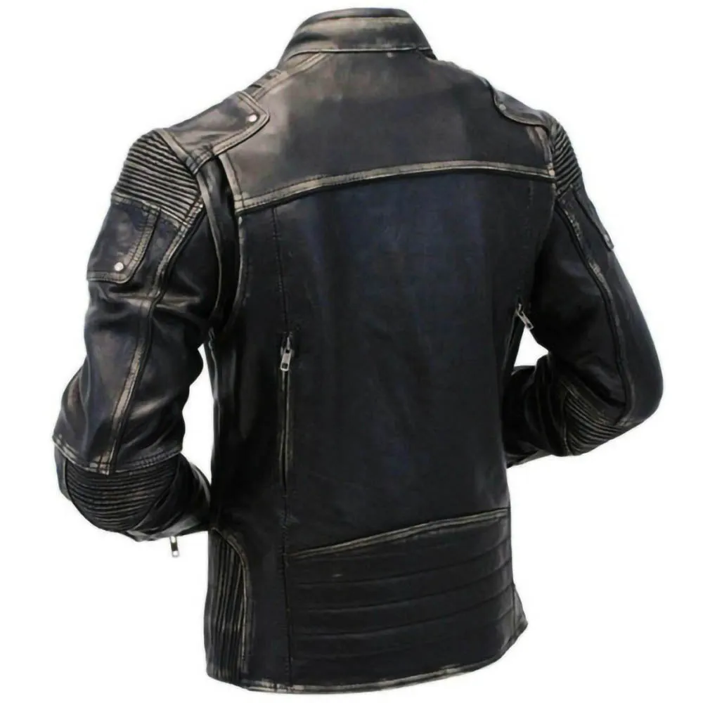 Vintage Cafe Racer Street Biker Leather Jacket Mens Distressed Black Motorcycle Coat