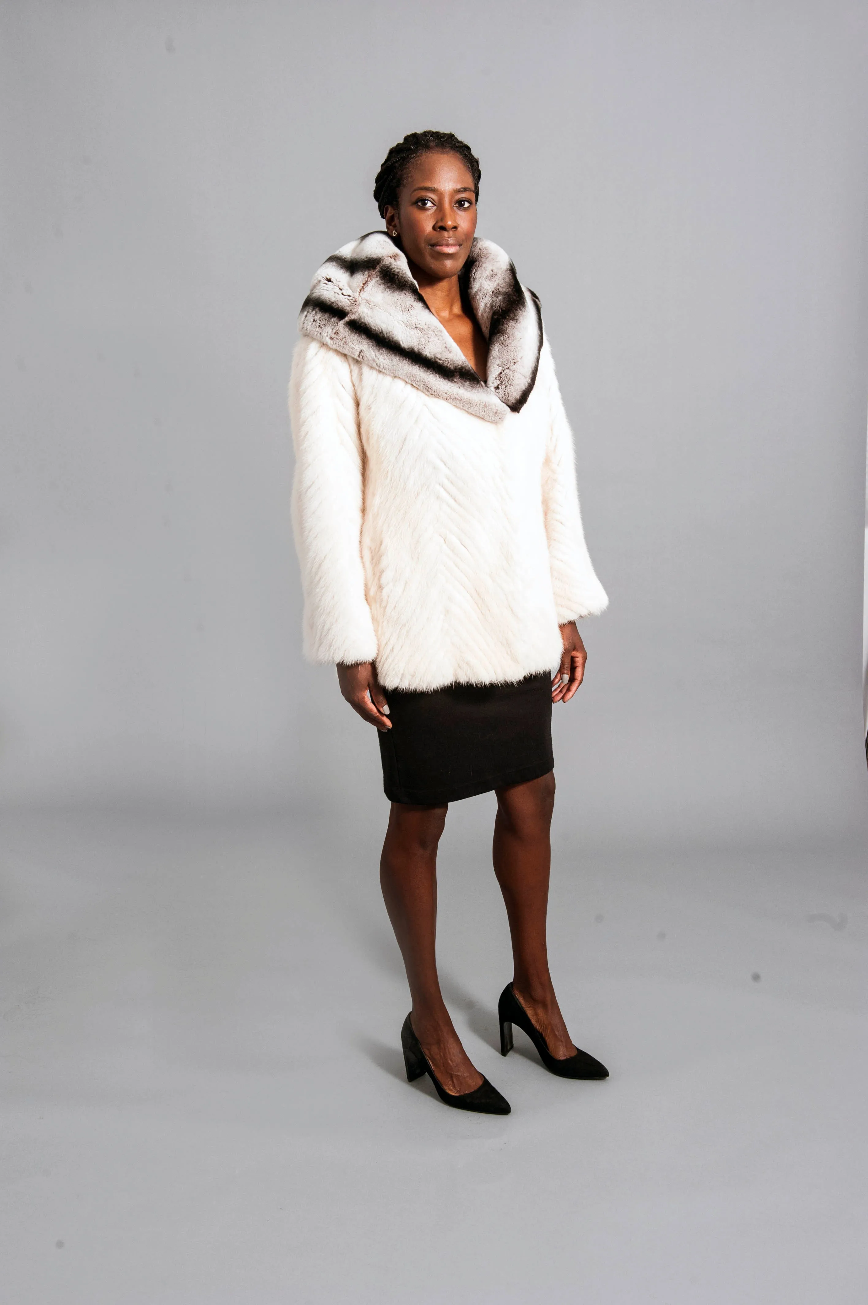 White Mink Jacket with Rabbit Collar Hood