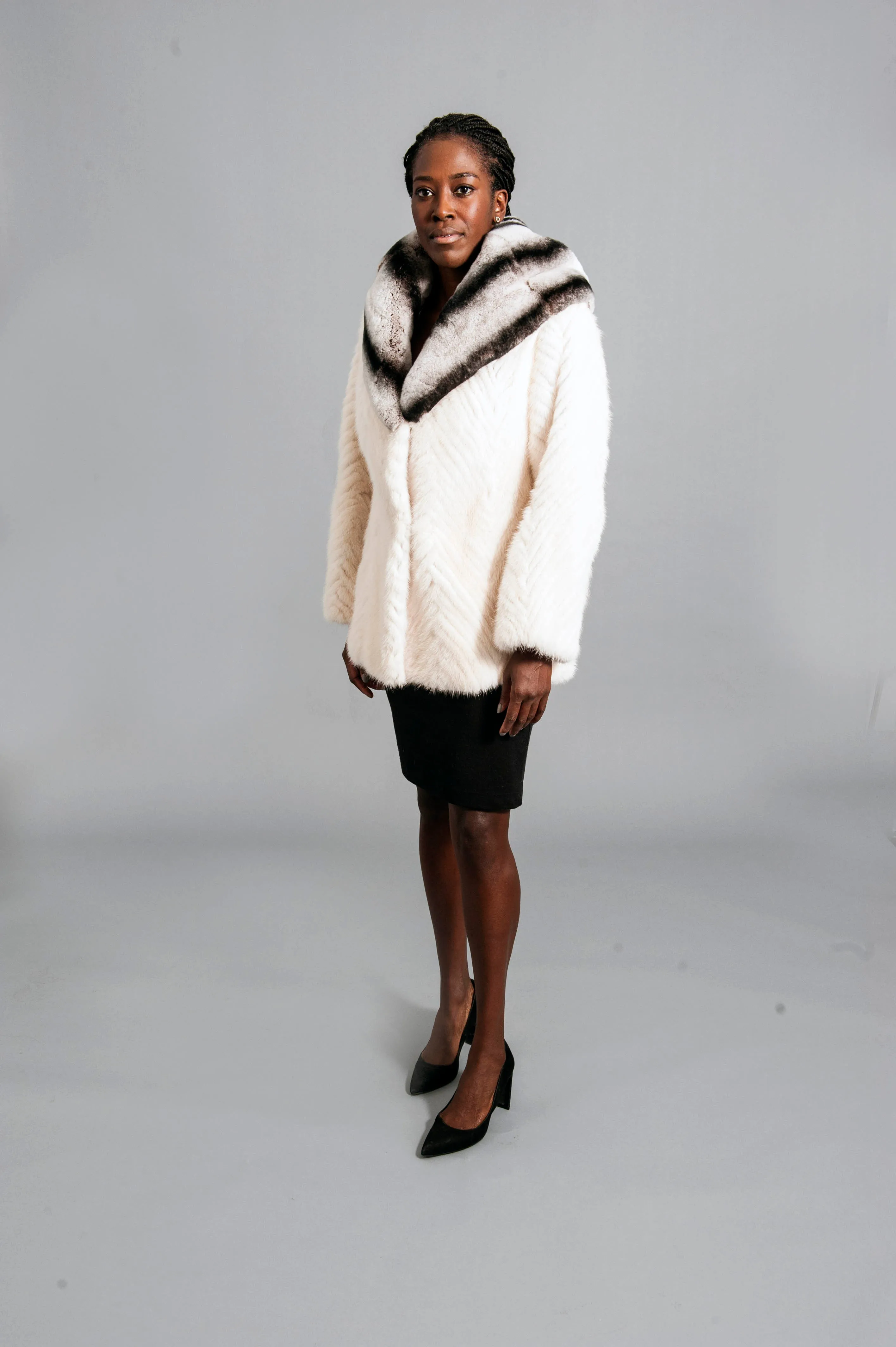 White Mink Jacket with Rabbit Collar Hood