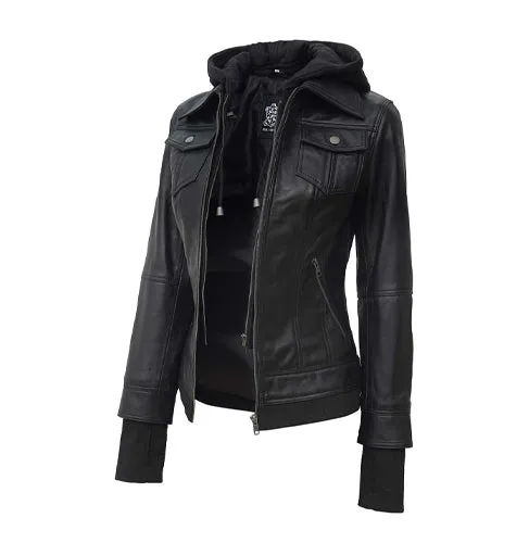 Women Bomber Style Genuine Leather Hooded Jacket