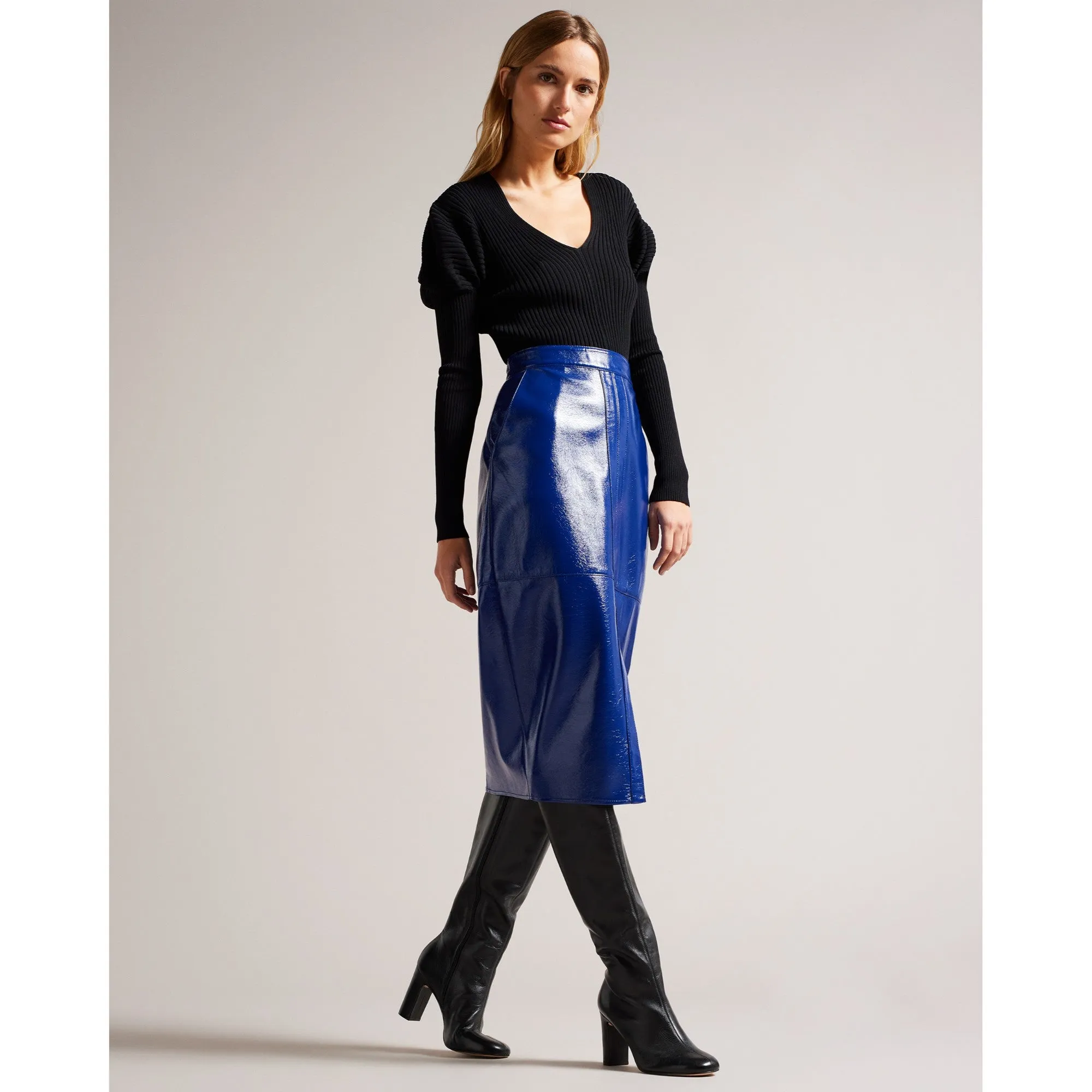 Women Wms-Vinell-Panelled Vinyl Pencil Skirt - Blue