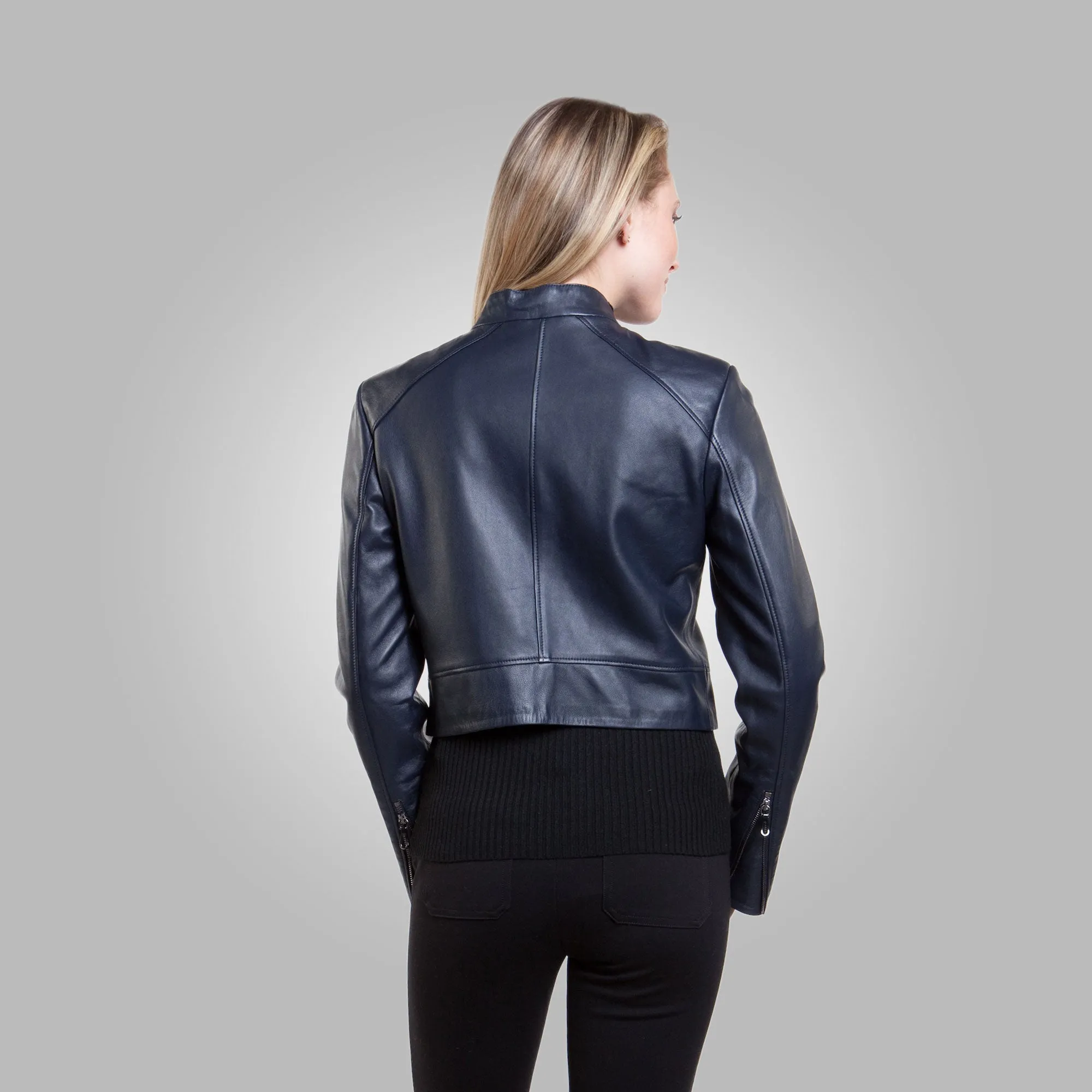 Women’s Blue Leather Short Fit Jacket